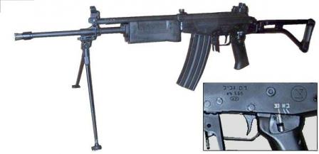 The same rifle, with bipods unfolded. Insert shows the left-side fire selector /safety switch with Hebrew markings