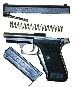 Heckler-Koch P7 PSP pistol partially disassembled; the slide retarding piston is clearly seen under the slide.