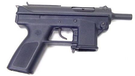 Intratec AB-10, a "post-ban" (post-1994) reincarnation of the Intratec TEC-9 pistol, shown without magazine. The major differences from "pre-1994" TEC-9 pistol are un-shrouded and un-thread barrel, and different markings; the basic design is the same.