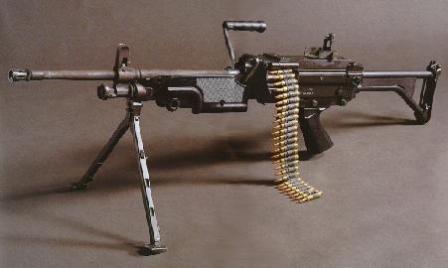 FN Minimi - Belgian-madeversion of basic machine gun. Note the lack of the heat shield above the barrel,and the tubular buttstock.