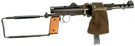Carl Gustaf M/45B submachine gun fitted with typical Swedish accessory - a catcher bag for spent cases.